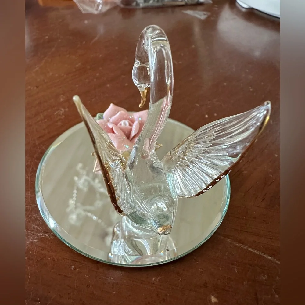 Crystal swan and pink porcelain rose tchotchke trinket